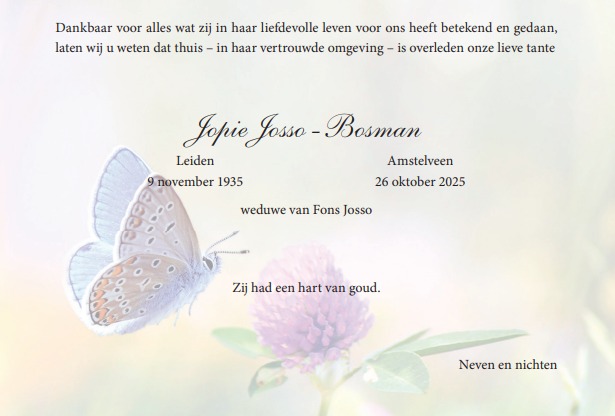 Overlijden Jopie Josso-Bosman